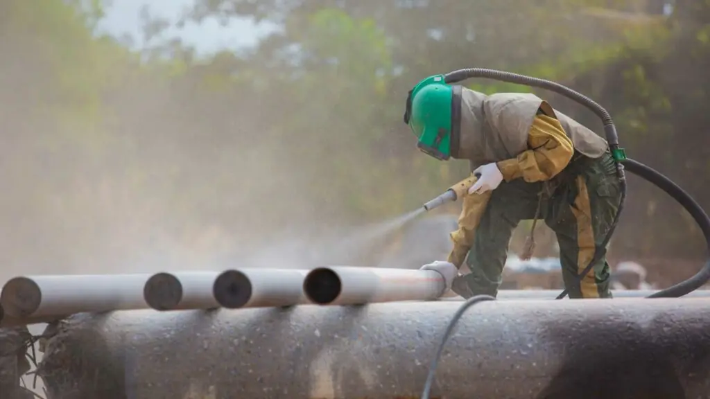 Operator abrasive blasting a steel pipe on an industrial site